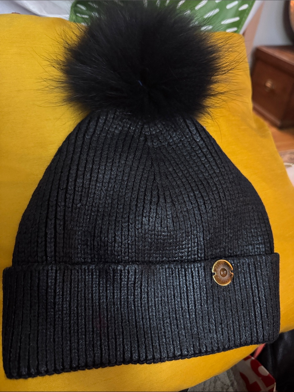 Black Ribbed Knit Pom-Pom Beanie with Gold Logo Accent
